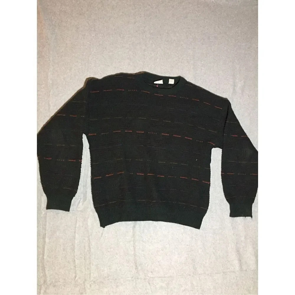 Mens Vintage Grandpa Sweater Size Large Wool Acrylic Blend Dark Green Multicolor